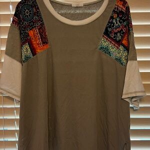 Easel Tan and Brown Boxy Short Sleeve T-Shirt